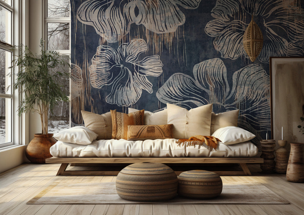 Navy Abstract Flower Wallpaper : Distressed Line Floral Mural - View 2
