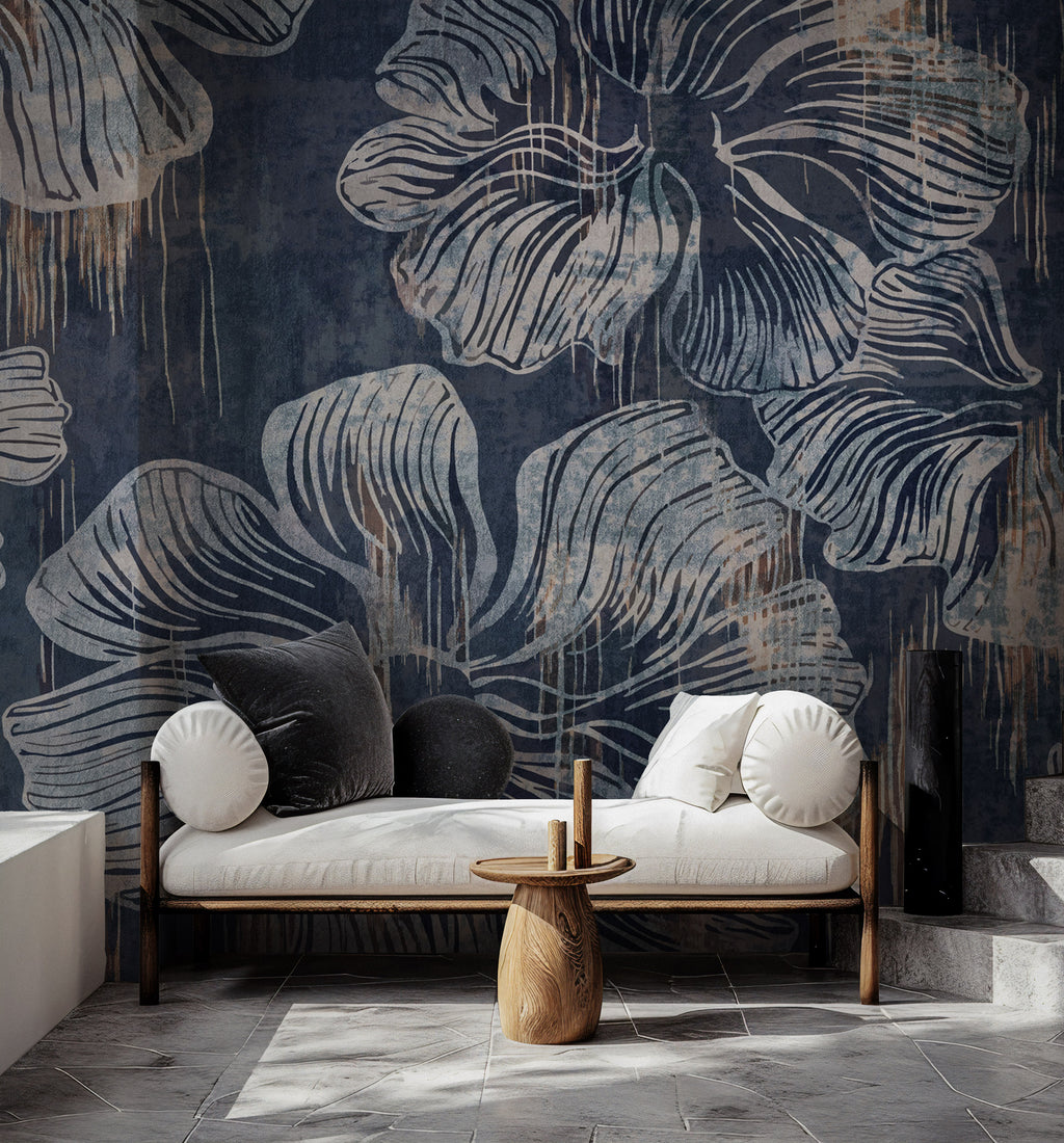 Navy Abstract Flower Wallpaper : Distressed Line Floral Mural - View 3