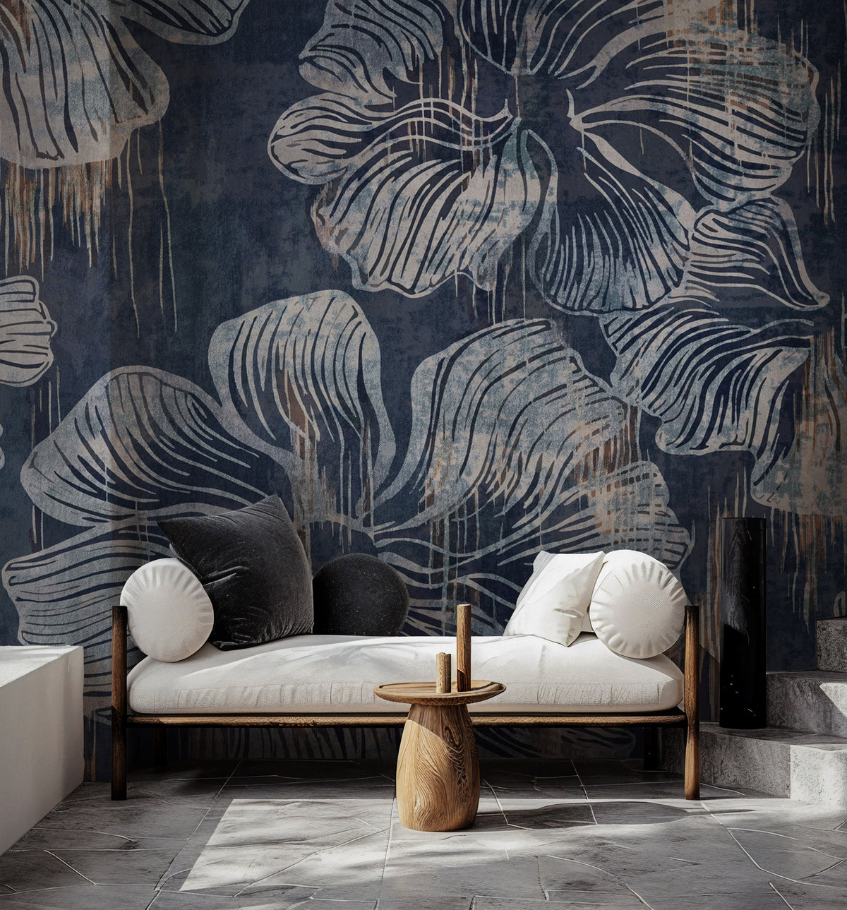 Navy Abstract Flower Wallpaper : Distressed Line Floral Mural - View 3