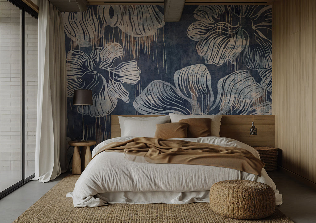 Navy Abstract Flower Wallpaper : Distressed Line Floral Mural - View 4