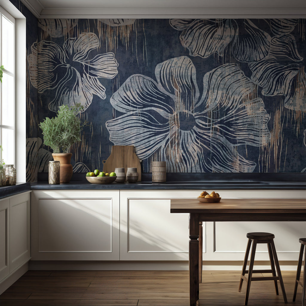 Navy Abstract Flower Wallpaper : Distressed Line Floral Mural - View 5