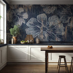 Navy Abstract Flower Wallpaper : Distressed Line Floral Mural - View 5
