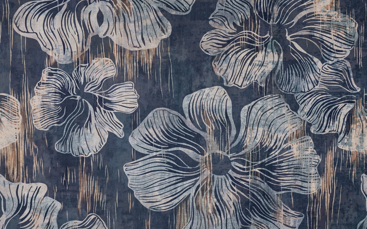 Navy Abstract Flower Wallpaper : Distressed Line Floral Mural - flat design