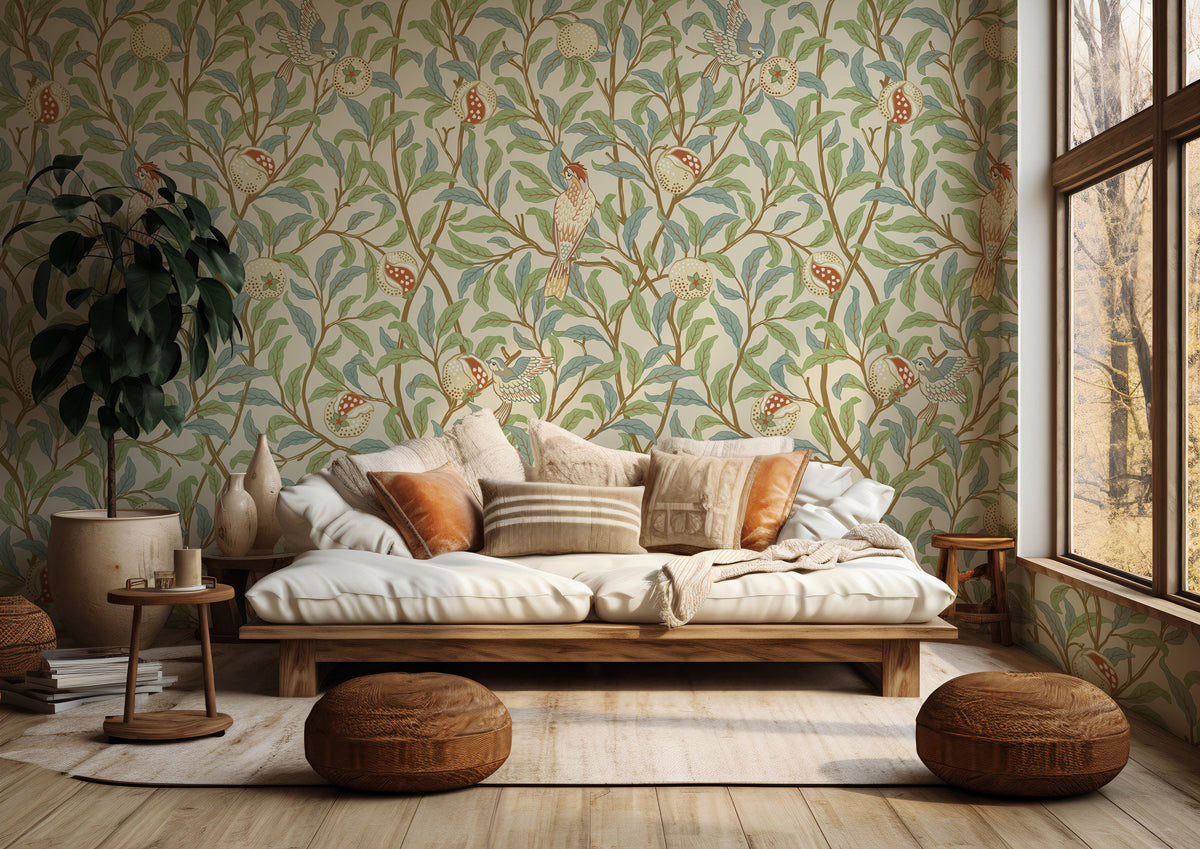 Bird and Pomegranate Wallpaper : Retro Botanical Branch Mural - View 2