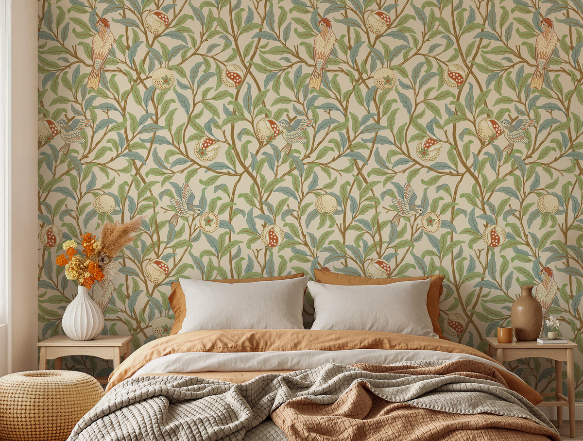 Bird and Pomegranate Wallpaper : Retro Botanical Branch Mural - View 3