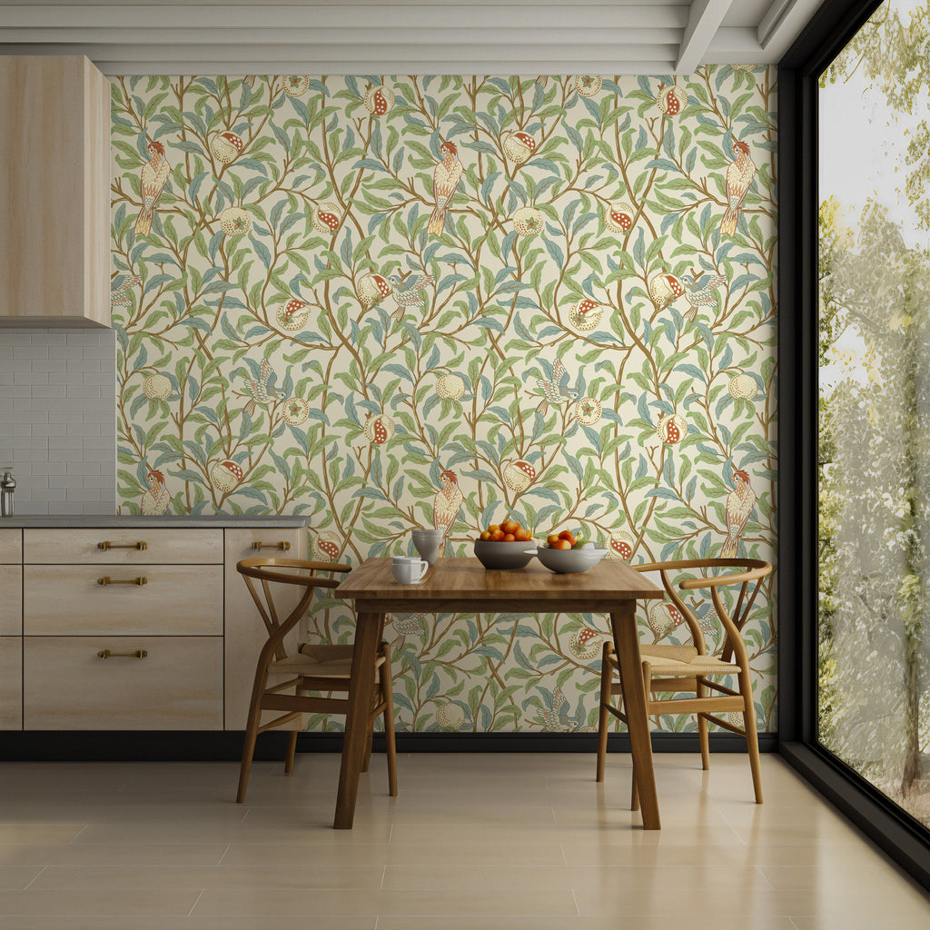 Bird and Pomegranate Wallpaper : Retro Botanical Branch Mural - View 4