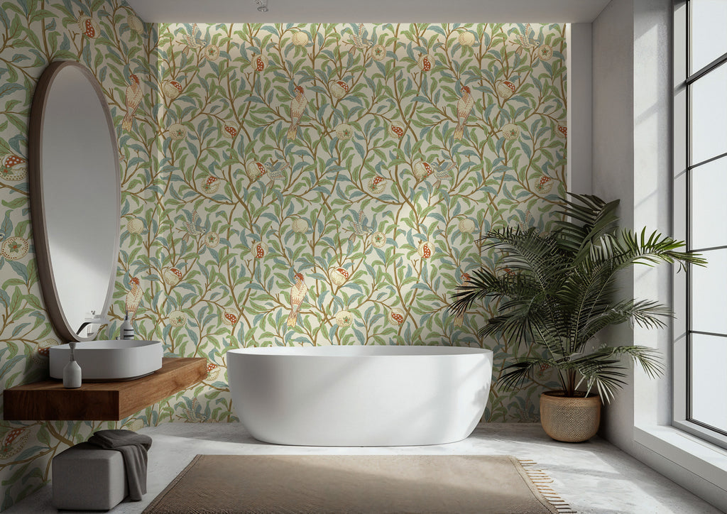 Bird and Pomegranate Wallpaper : Retro Botanical Branch Mural - View 5
