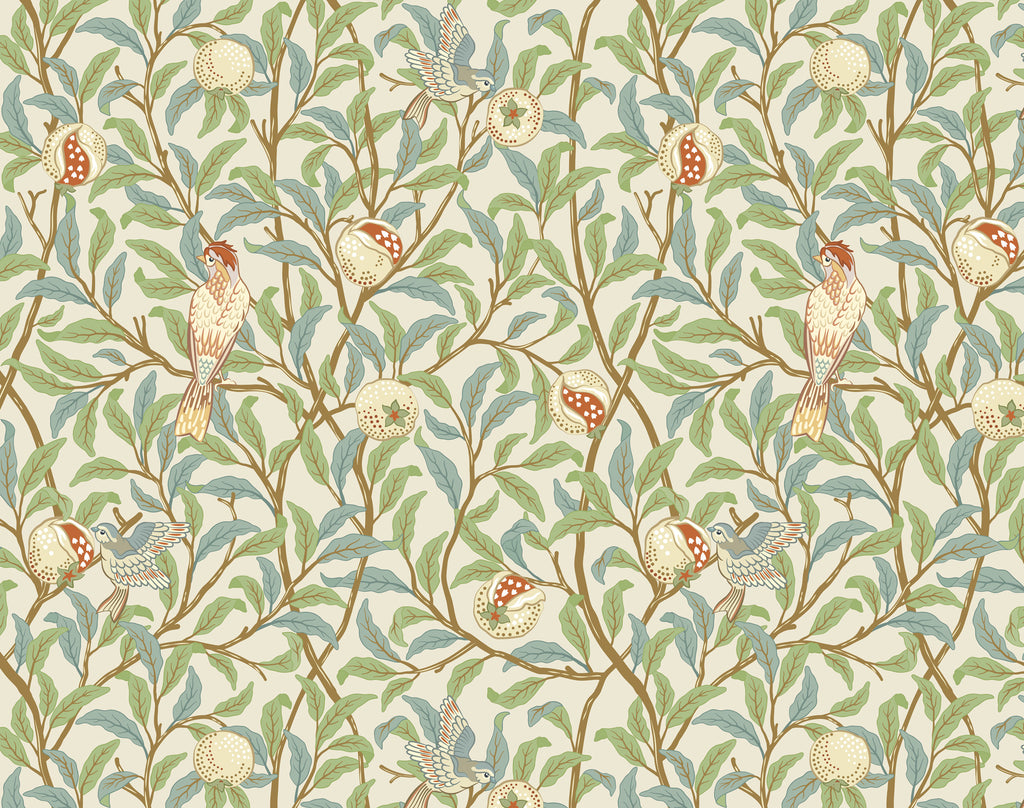 Bird and Pomegranate Wallpaper : Retro Botanical Branch Mural - flat design