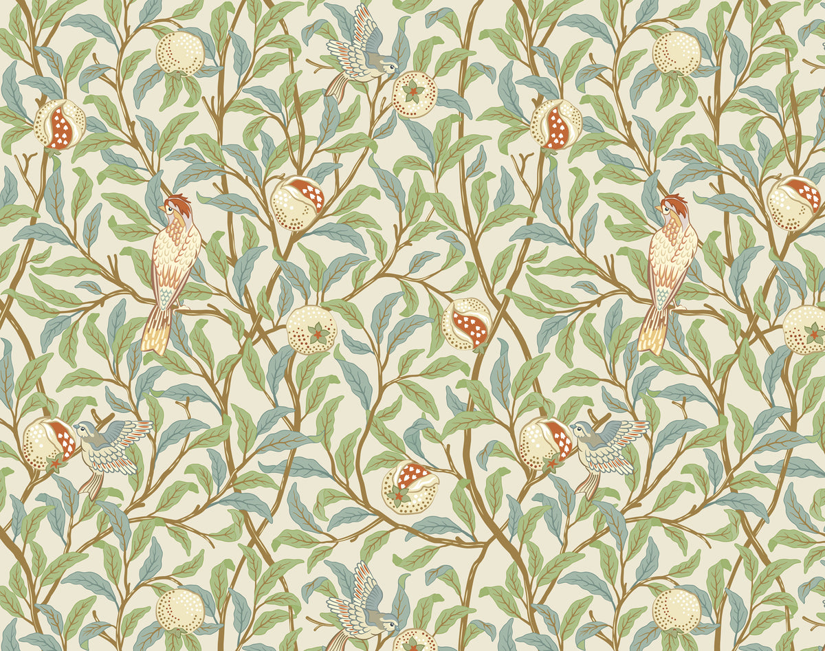 Bird and Pomegranate Wallpaper : Retro Botanical Branch Mural - flat design