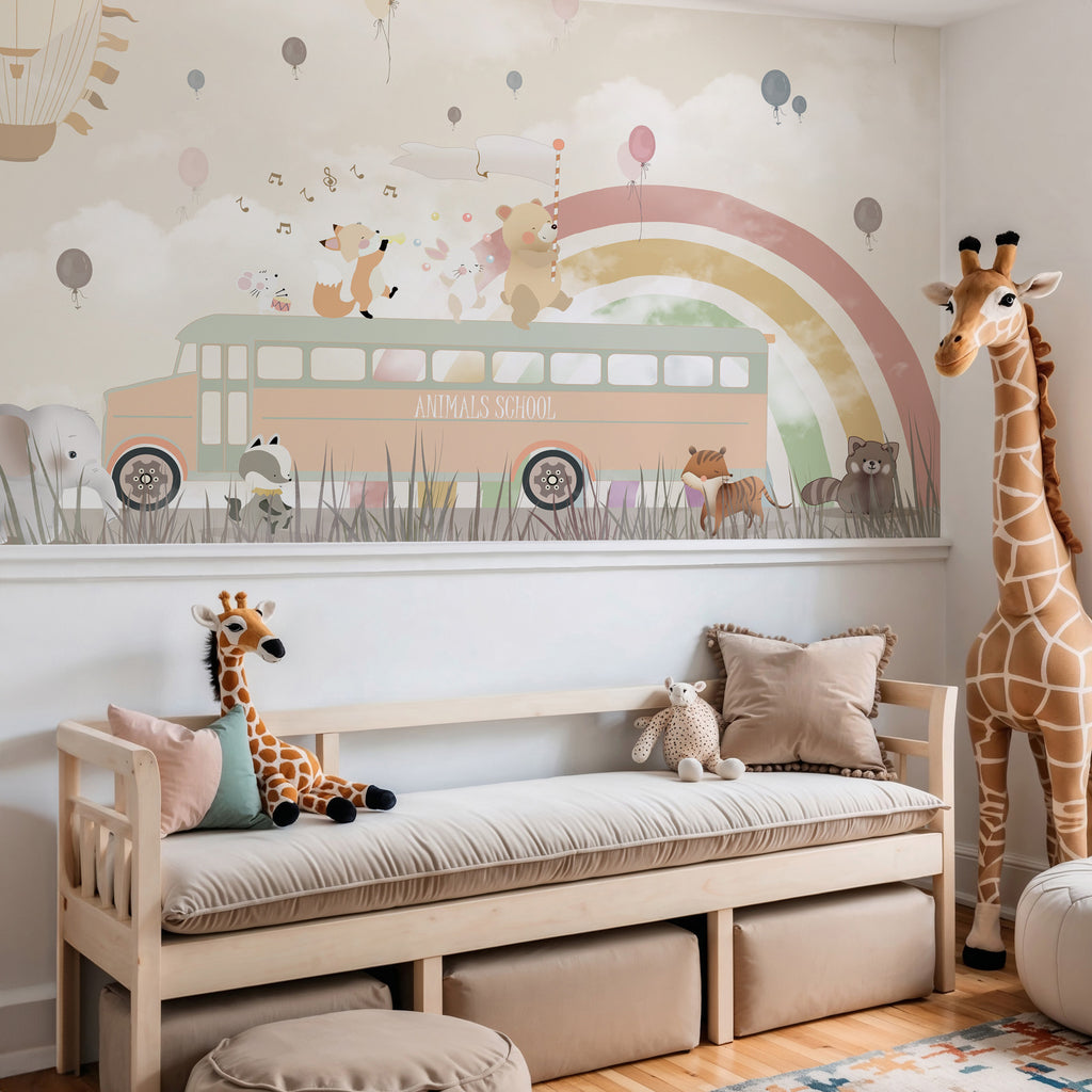 Animal School Bus Wallpaper : Rainbow and Balloons Kids Mural - View 3