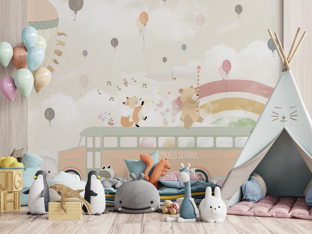 Animal School Bus Wallpaper : Rainbow and Balloons Kids Mural - View 4