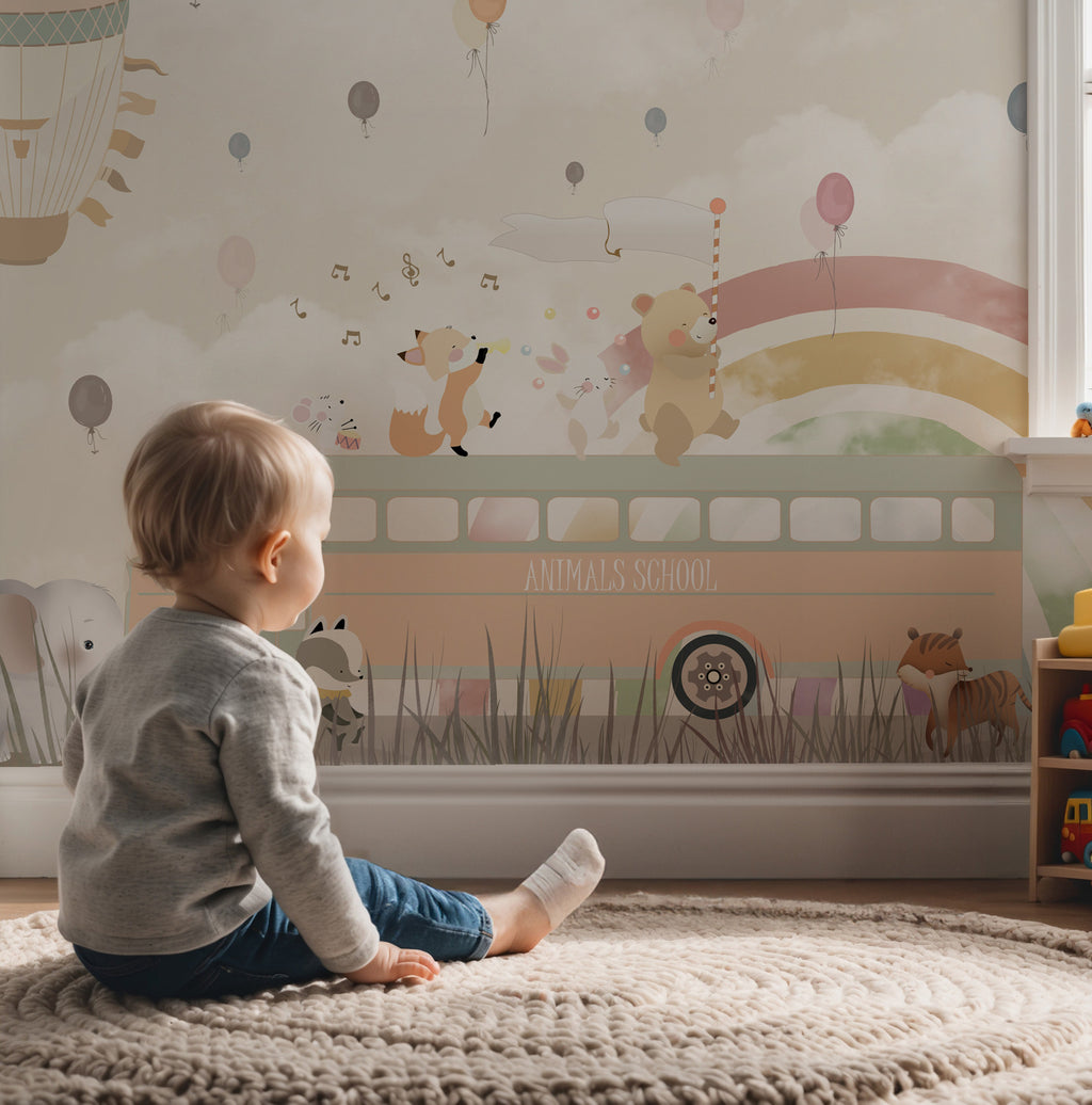 Animal School Bus Wallpaper : Rainbow and Balloons Kids Mural - View 5