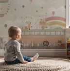 Animal School Bus Wallpaper : Rainbow and Balloons Kids Mural - View 5