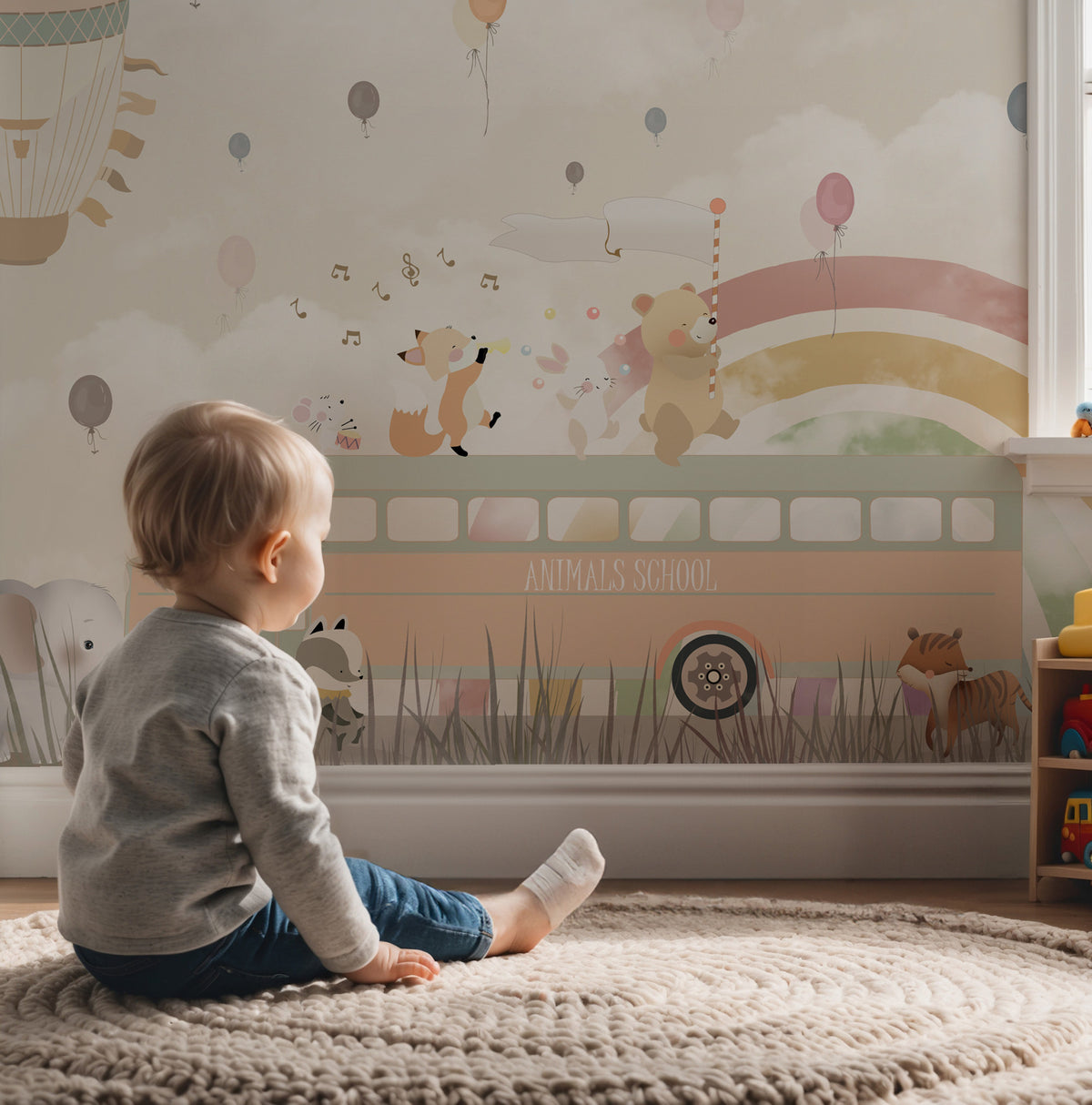 Animal School Bus Wallpaper : Rainbow and Balloons Kids Mural - View 5