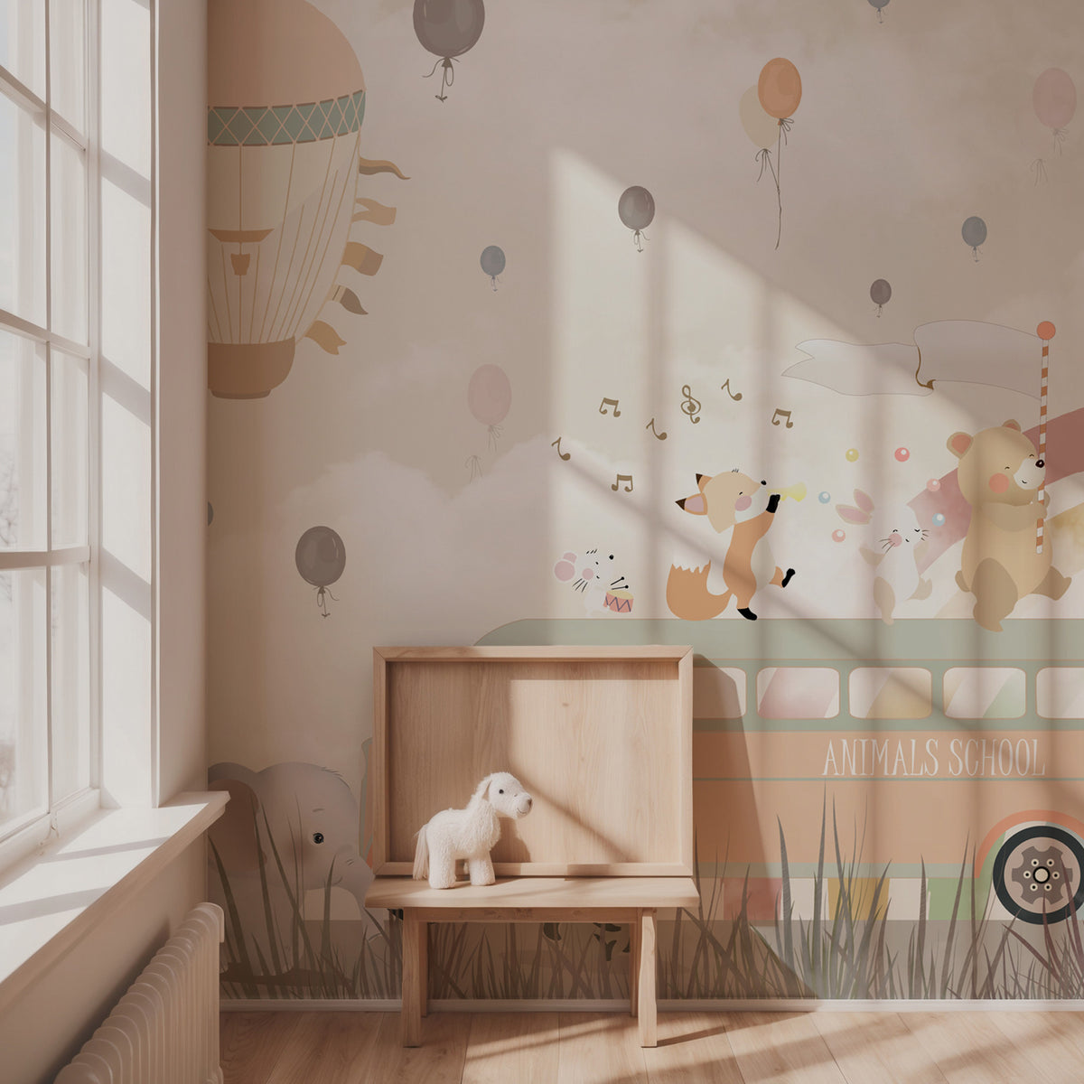 Animal School Bus Wallpaper : Rainbow and Balloons Kids Mural