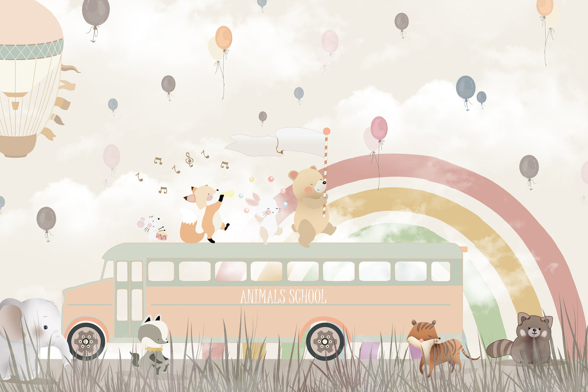 Animal School Bus Wallpaper : Rainbow and Balloons Kids Mural - flat design