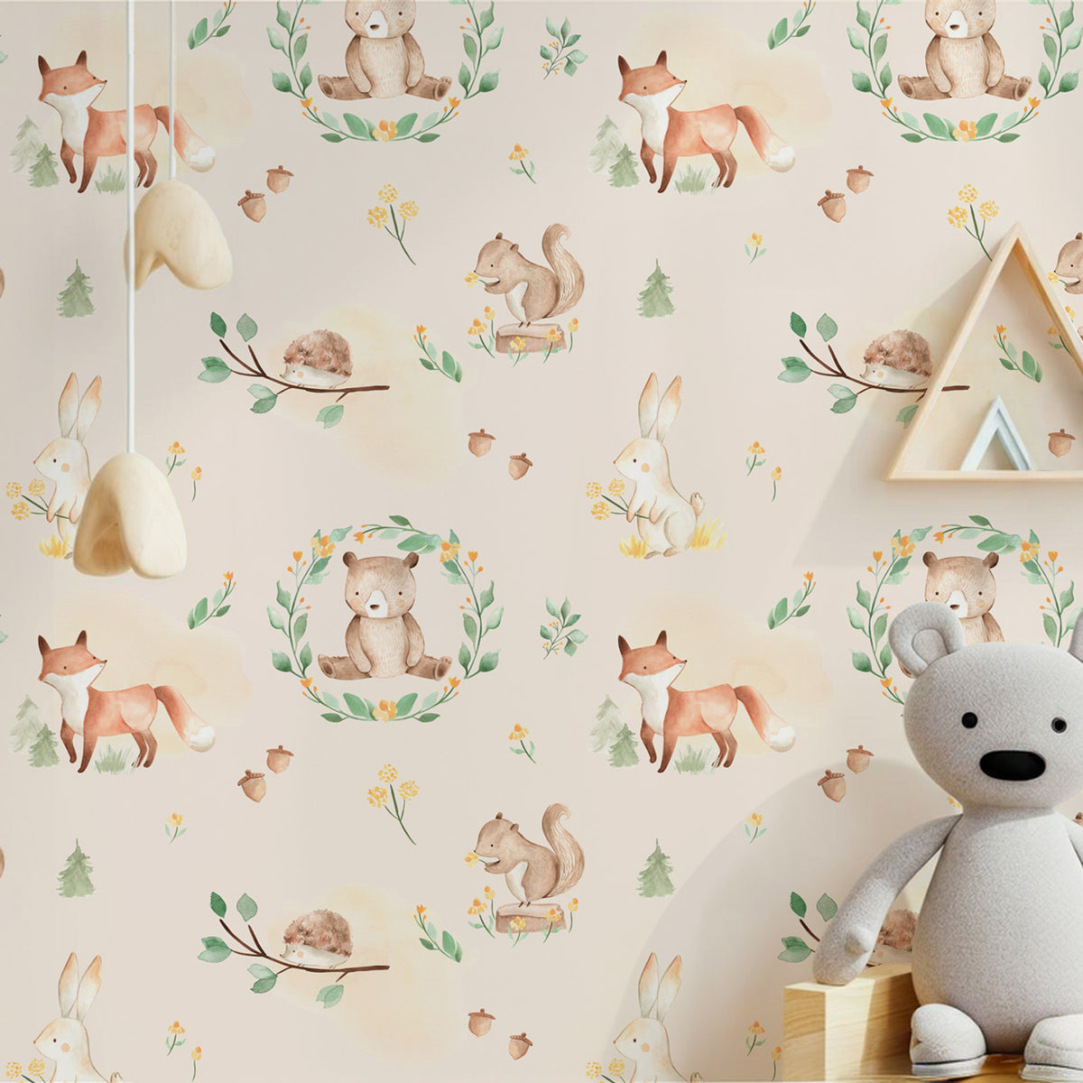 Woodland Animals Wallpaper : Fox, Bear and Squirrel Nursery Pattern Mural - View 4