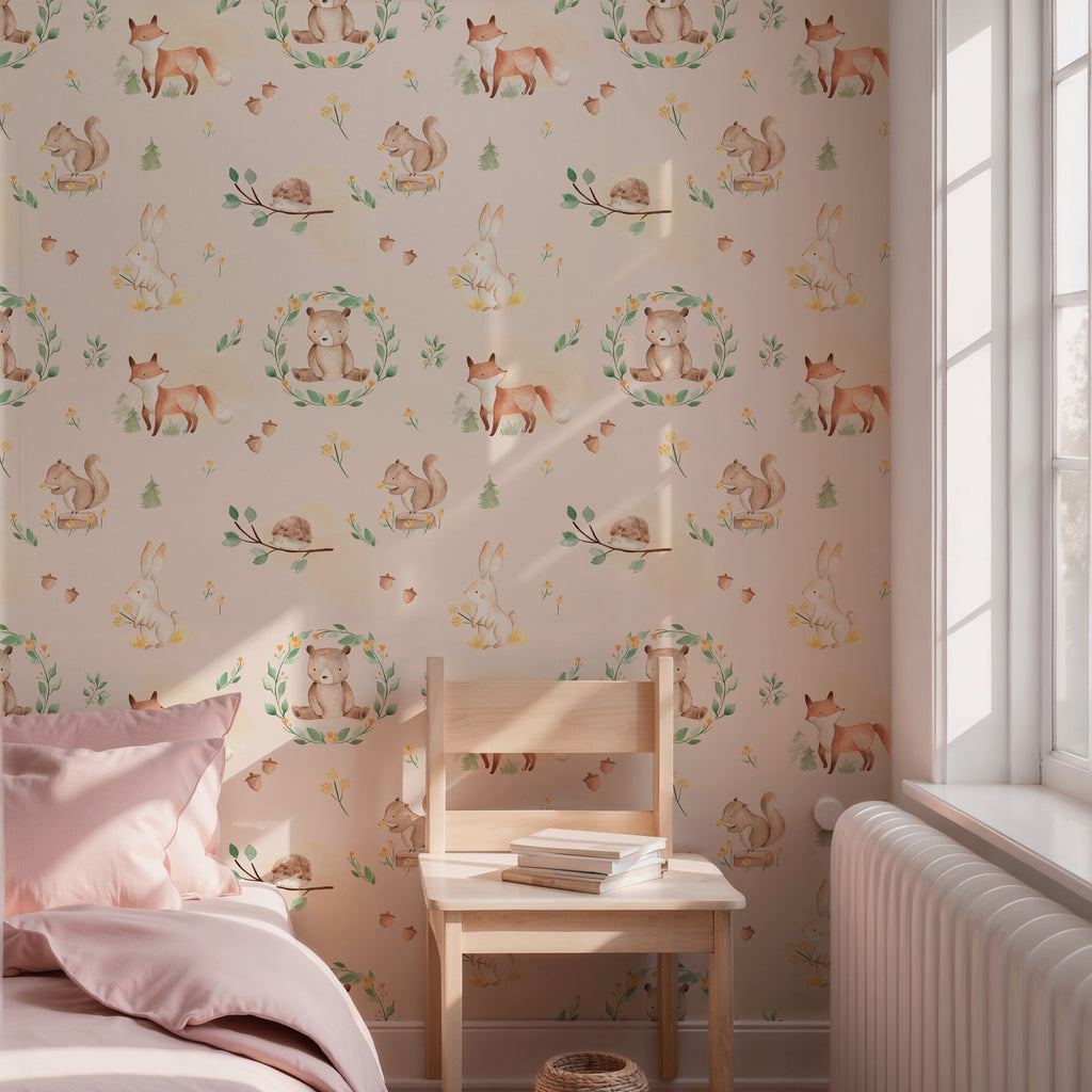 Woodland Animals Wallpaper : Fox, Bear and Squirrel Nursery Pattern Mural - View 5