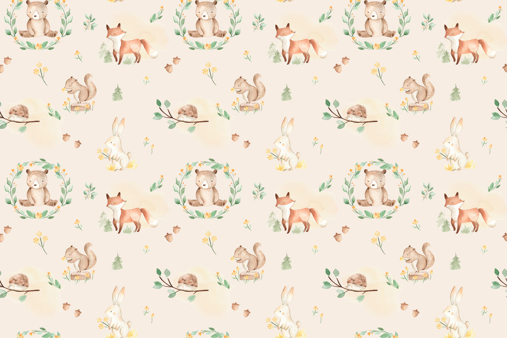 Woodland Animals Wallpaper : Fox, Bear and Squirrel Nursery Pattern Mural - flat design