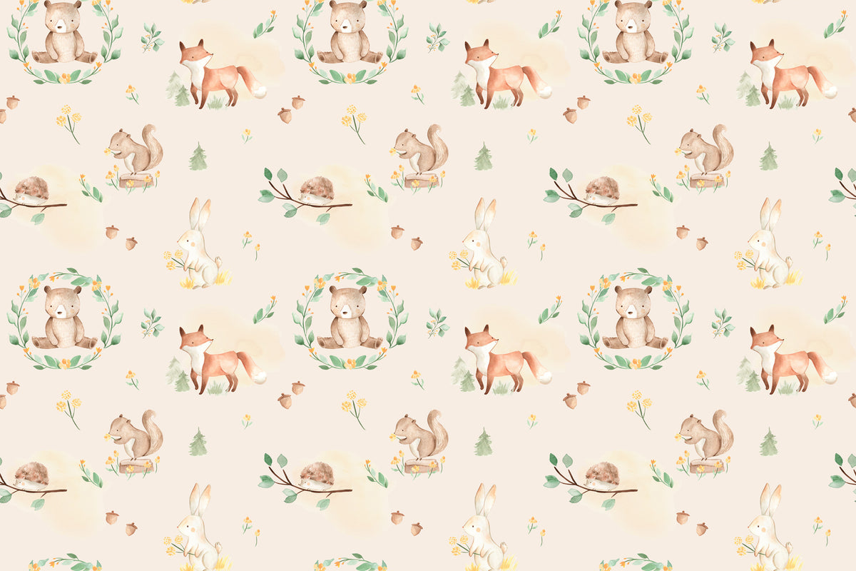 Woodland Animals Wallpaper : Fox, Bear and Squirrel Nursery Pattern Mural - flat design