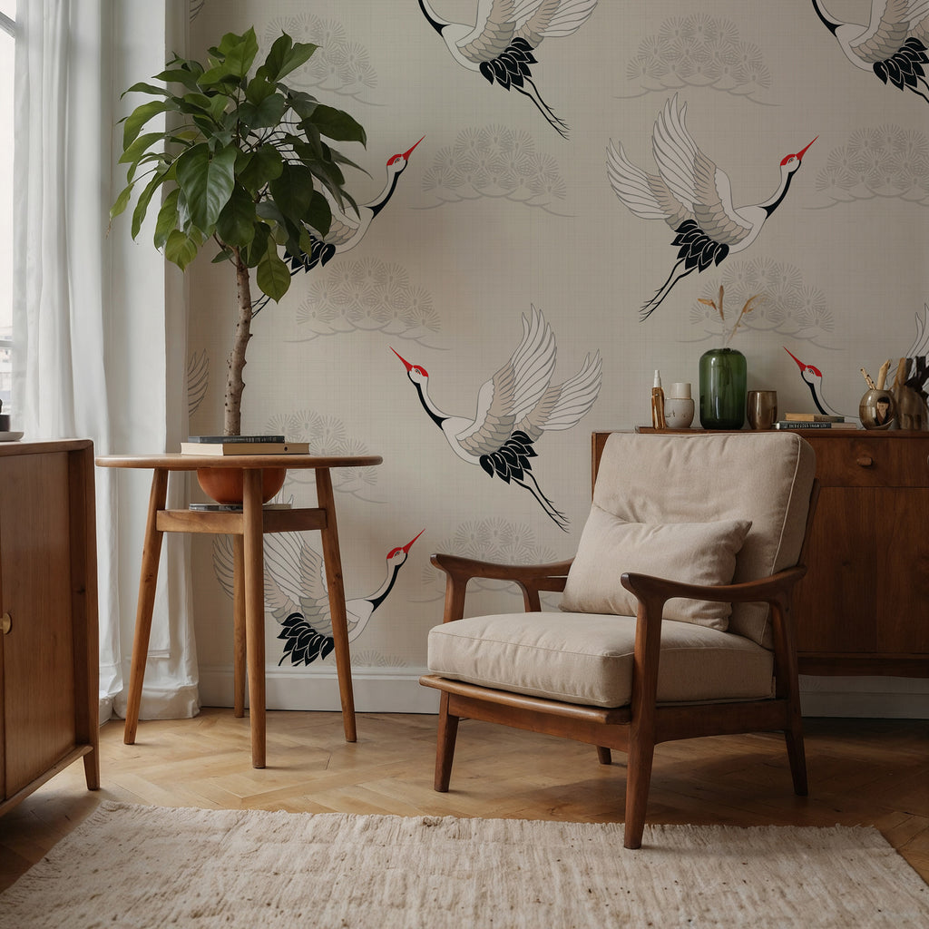 Flying Crane Wallpaper : Japanese Bird Pattern on Cream Mural - View 3
