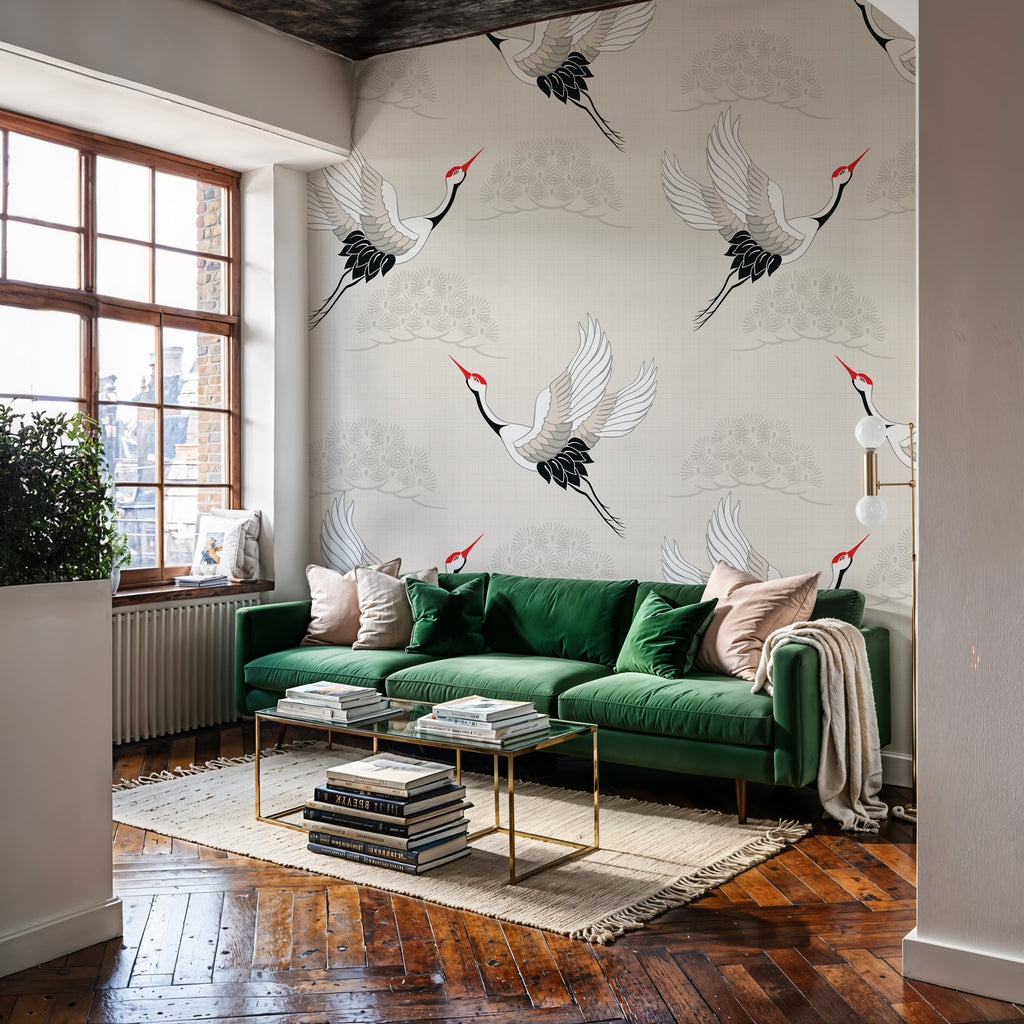 Flying Crane Wallpaper : Japanese Bird Pattern on Cream Mural - View 4