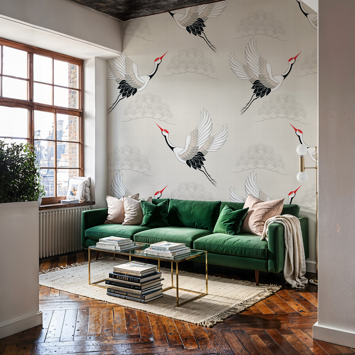 Flying Crane Wallpaper : Japanese Bird Pattern on Cream Mural - View 4