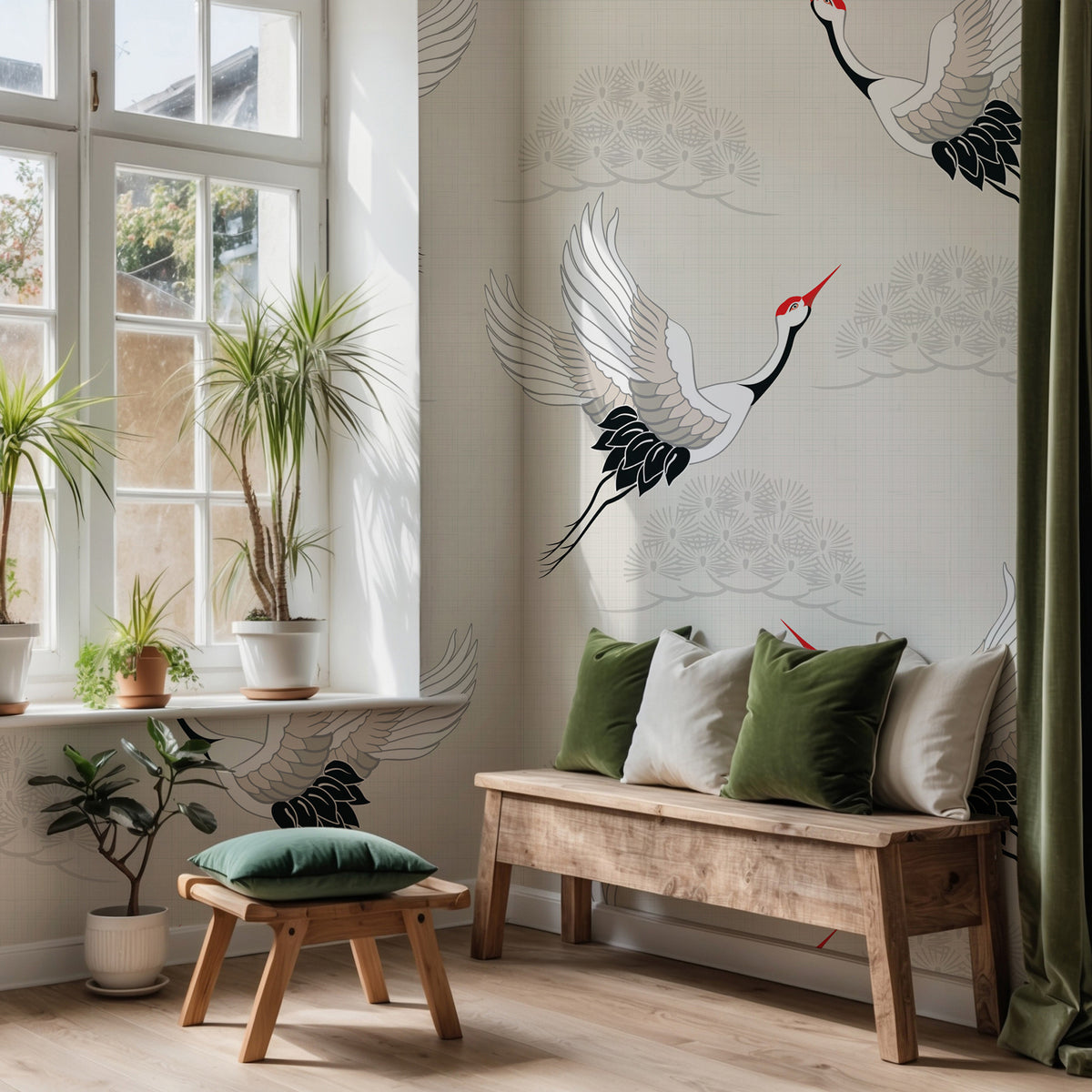 Flying Crane Wallpaper : Japanese Bird Pattern on Cream Mural - View 5