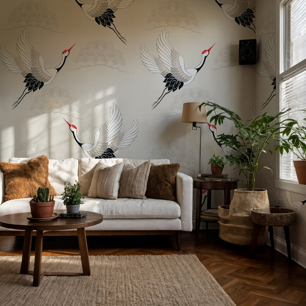 Flying Crane Wallpaper : Japanese Bird Pattern on Cream Mural
