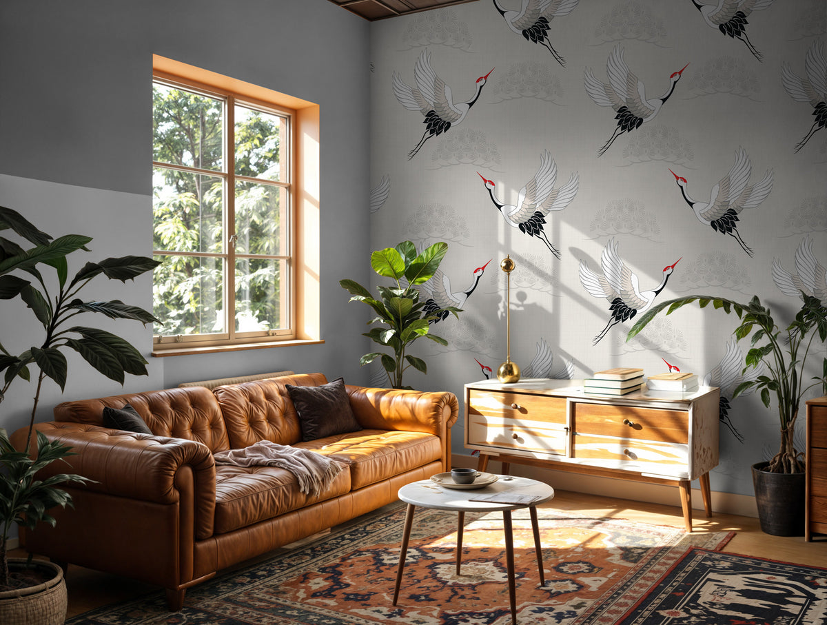 Flying Crane Wallpaper : Japanese Bird Pattern on Cream Mural - View 2