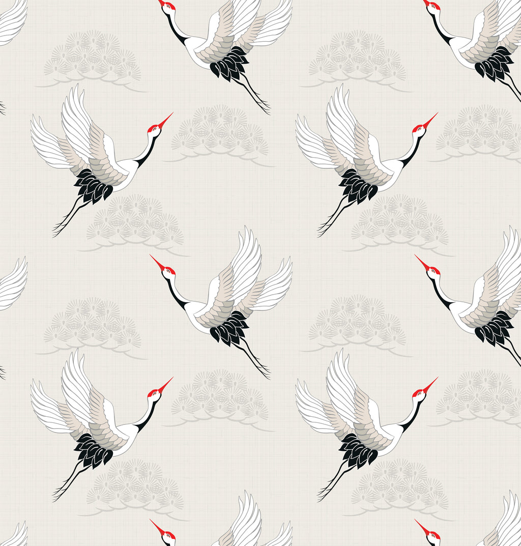 Flying Crane Wallpaper : Japanese Bird Pattern on Cream Mural - flat design