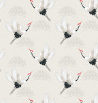 Flying Crane Wallpaper : Japanese Bird Pattern on Cream Mural - flat design