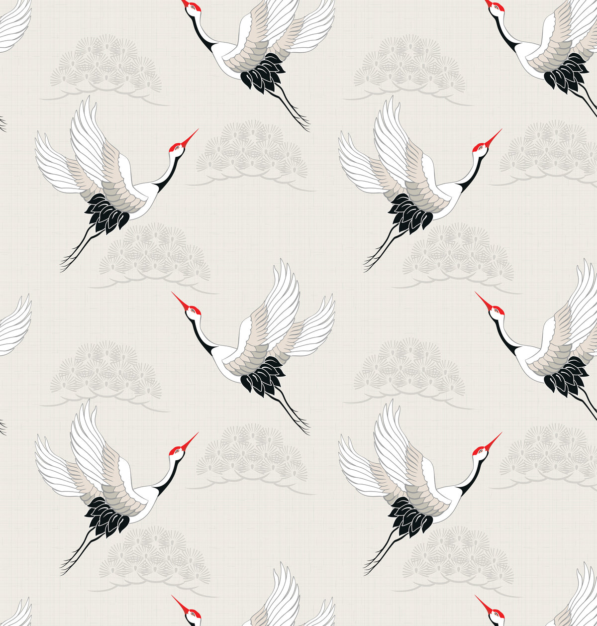Flying Crane Wallpaper : Japanese Bird Pattern on Cream Mural - flat design