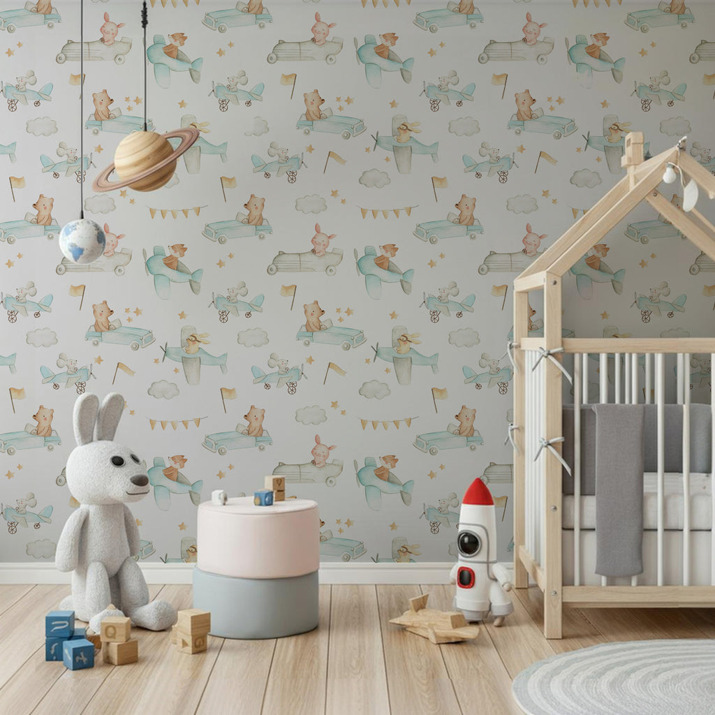 Little Drivers Wallpaper : Watercolor Cars and Clouds Kids Pattern - View 5