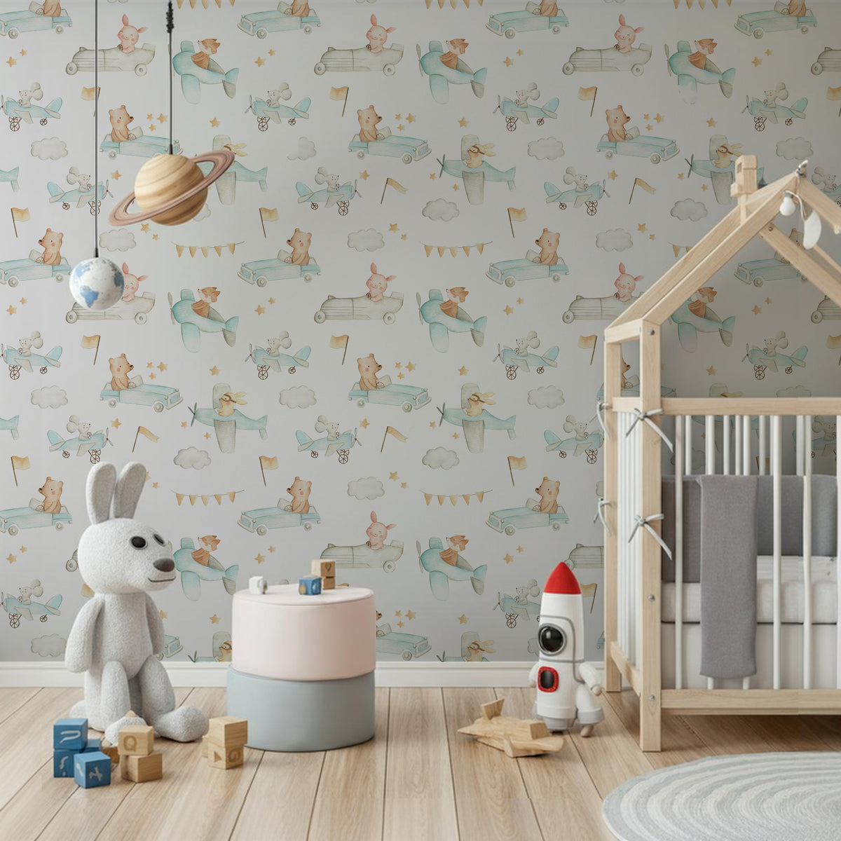 Little Drivers Wallpaper : Watercolor Cars and Clouds Kids Pattern - View 5