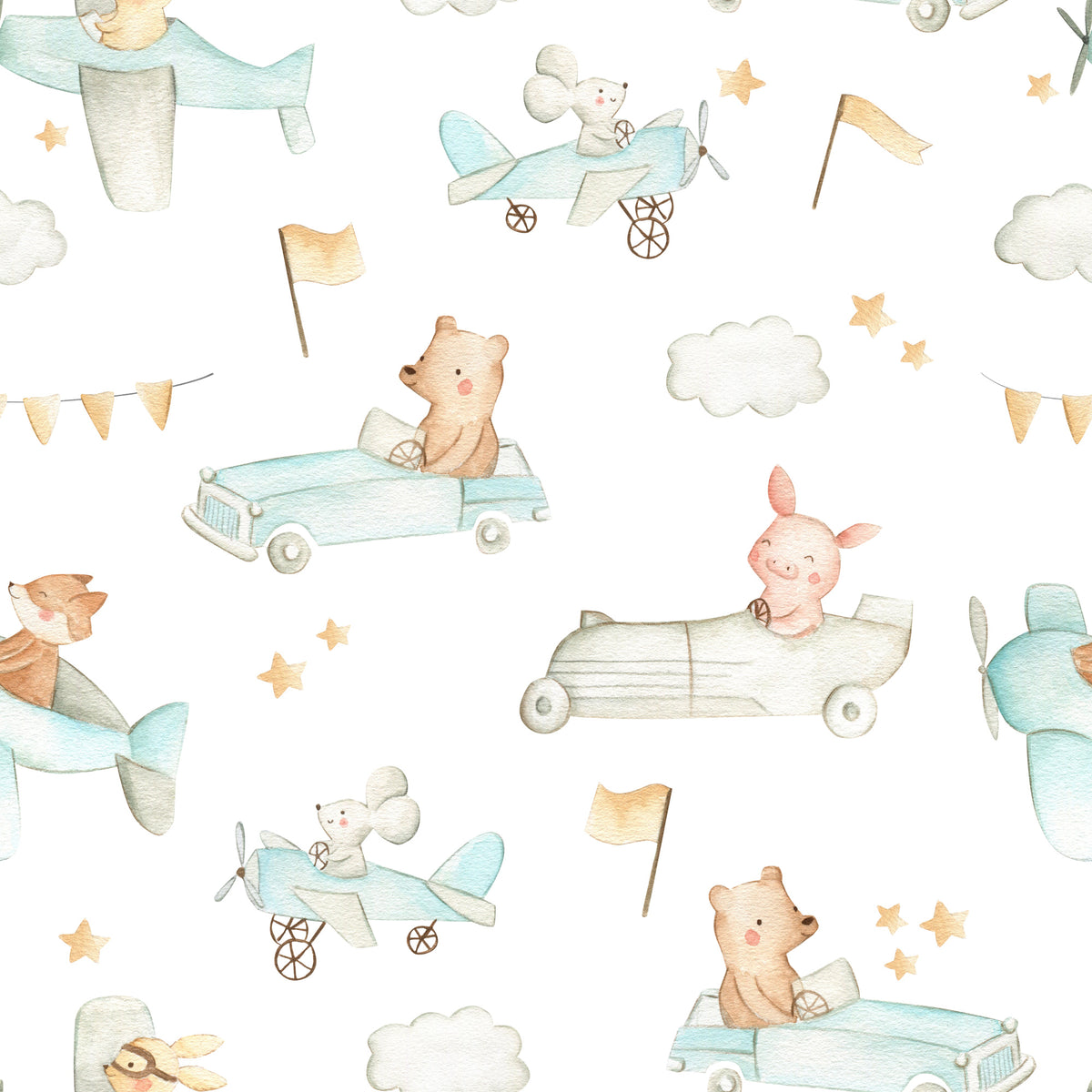 Little Drivers Wallpaper : Watercolor Cars and Clouds Kids Pattern - View 2