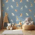 Safari Animals on Clouds Wallpaper : Blue Nursery Pattern Mural - View 3