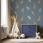 Safari Animals on Clouds Wallpaper : Blue Nursery Pattern Mural - View 4