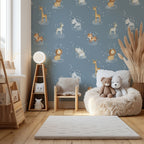 Safari Animals on Clouds Wallpaper : Blue Nursery Pattern Mural - View 5