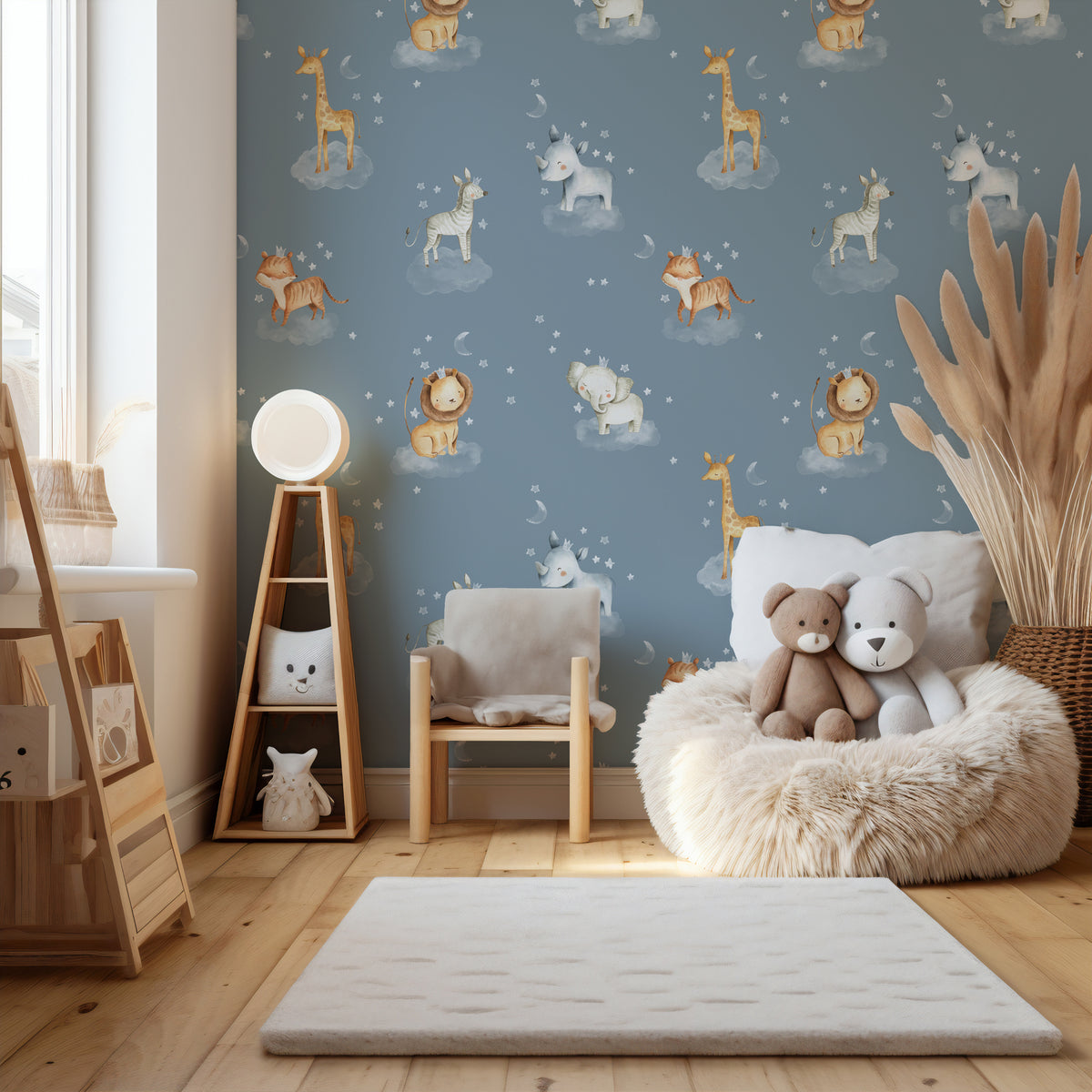 Safari Animals on Clouds Wallpaper : Blue Nursery Pattern Mural - View 5