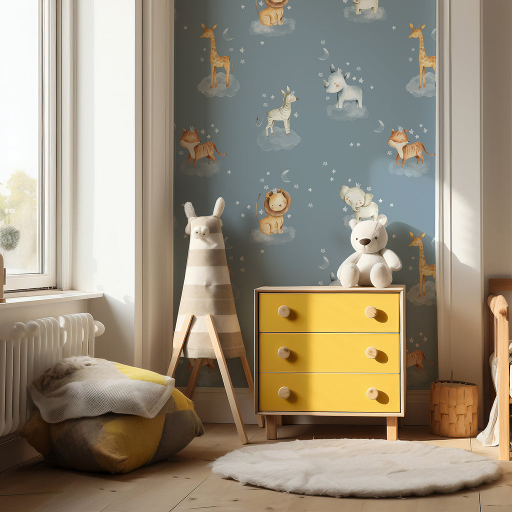 Safari Animals on Clouds Wallpaper : Blue Nursery Pattern Mural