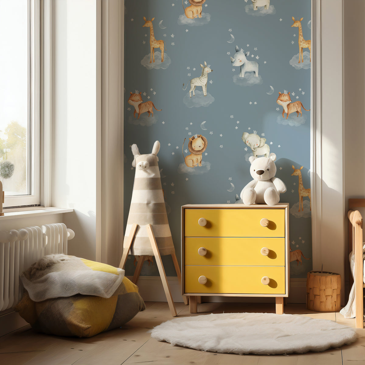 Safari Animals on Clouds Wallpaper : Blue Nursery Pattern Mural