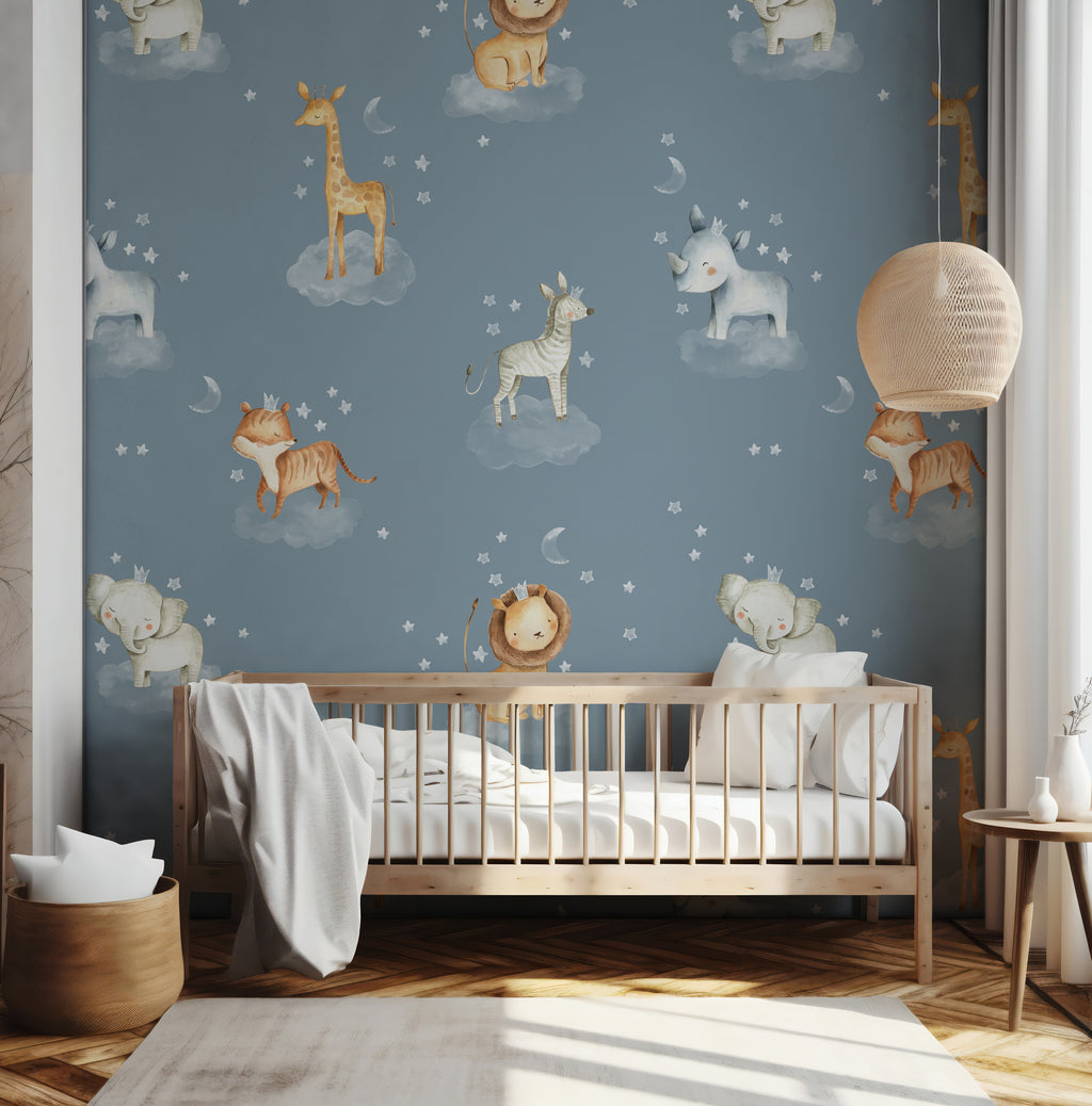 Safari Animals on Clouds Wallpaper : Blue Nursery Pattern Mural - View 2