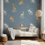 Safari Animals on Clouds Wallpaper : Blue Nursery Pattern Mural - View 2
