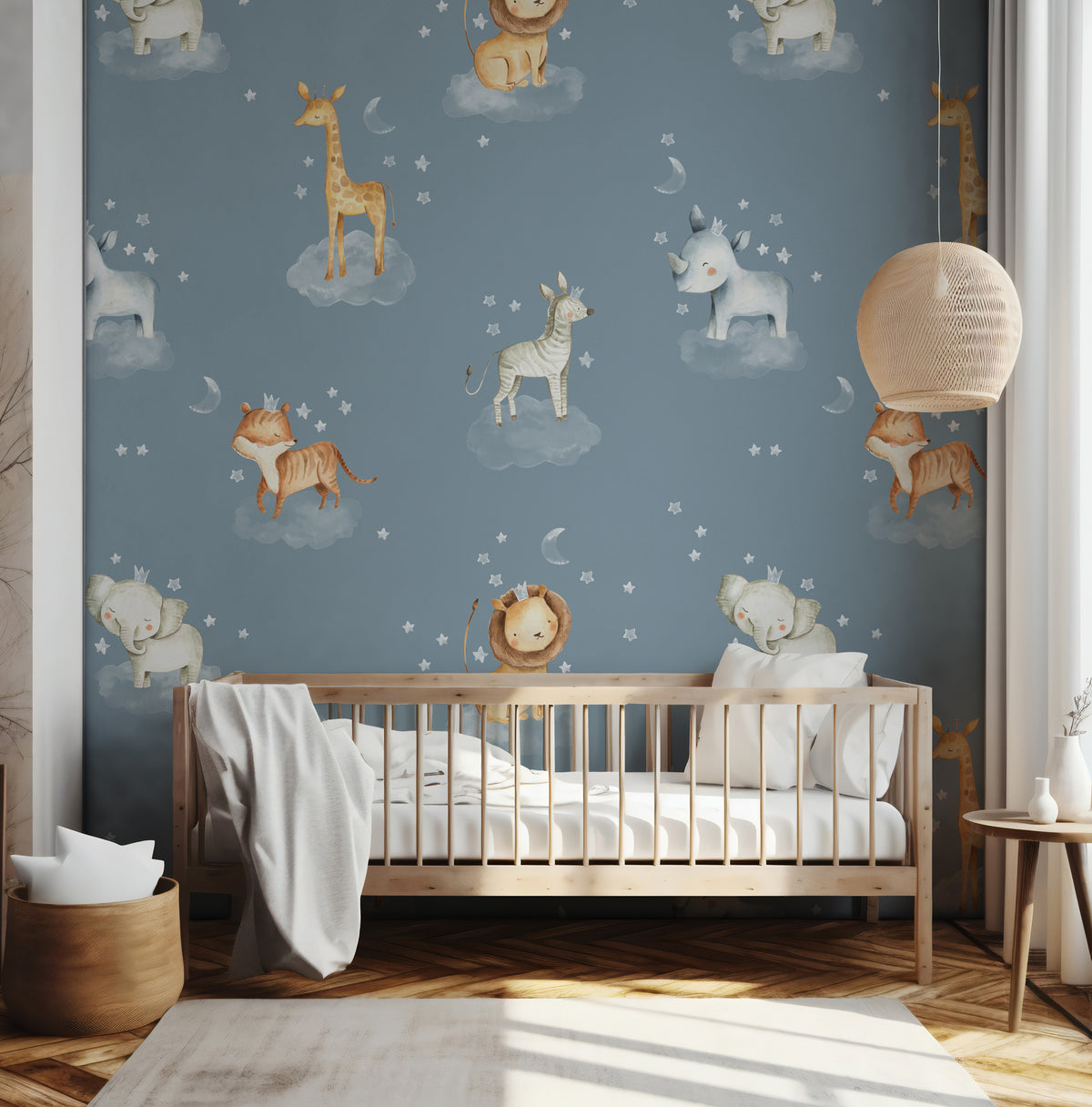 Safari Animals on Clouds Wallpaper : Blue Nursery Pattern Mural - View 2