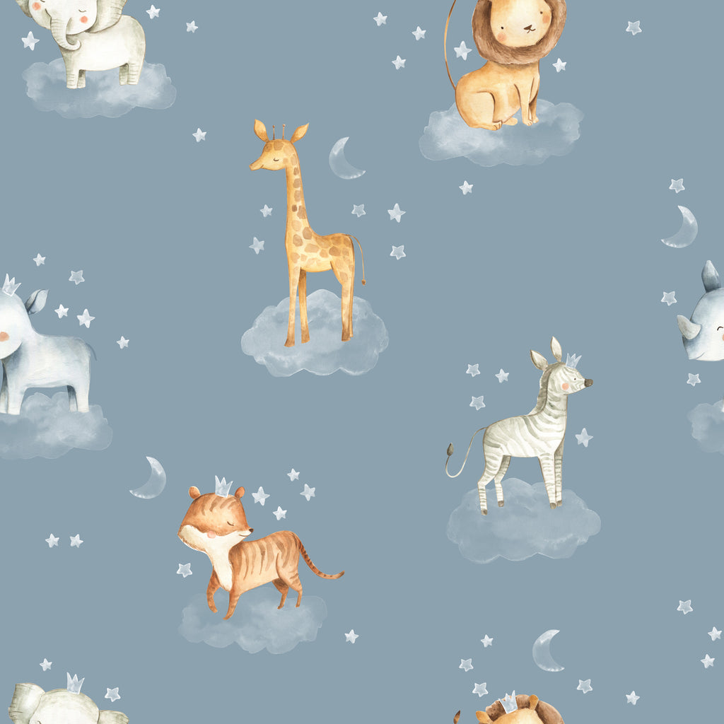 Safari Animals on Clouds Wallpaper : Blue Nursery Pattern Mural - flat design
