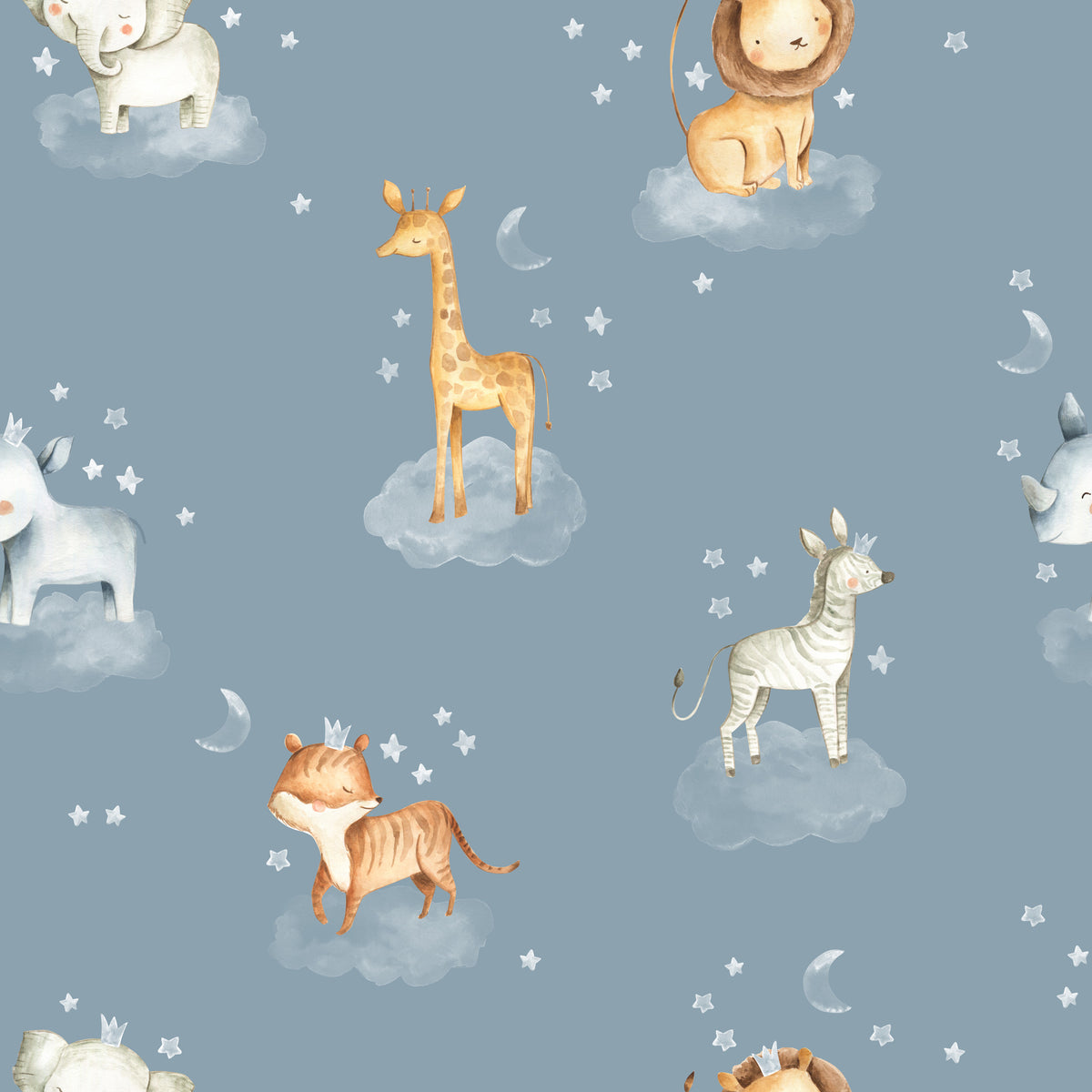 Safari Animals on Clouds Wallpaper : Blue Nursery Pattern Mural - flat design
