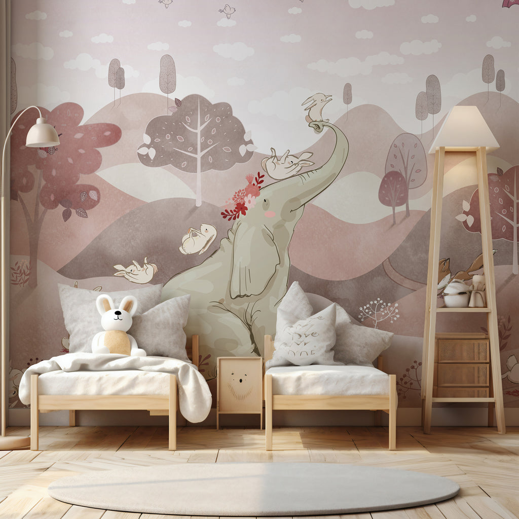 Elephant Friends Wallpaper : Pastel Hills Kids Mural - View 3