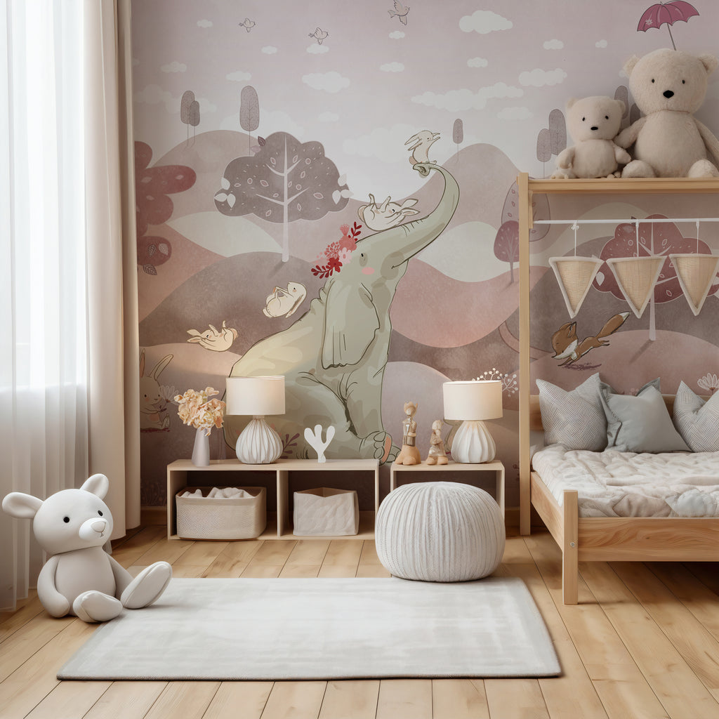 Elephant Friends Wallpaper : Pastel Hills Kids Mural - View 4