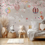 Cherry Blossom Kids Wallpaper : Pink Sky with Balloons and Animals Mural - View 3